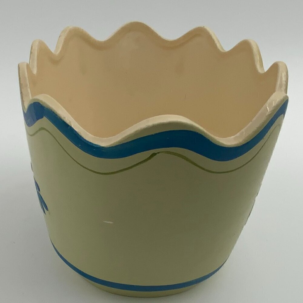 Vintage 1960s Inarco Ceramic Pot Yellow & Blue Scalloped Top Hand-painted E-4538 - Picture 4 of 7